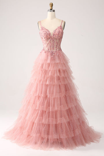 Blush A-Line Spaghetti Stropper Tiered Tulle Korset Lang Prom Kjole